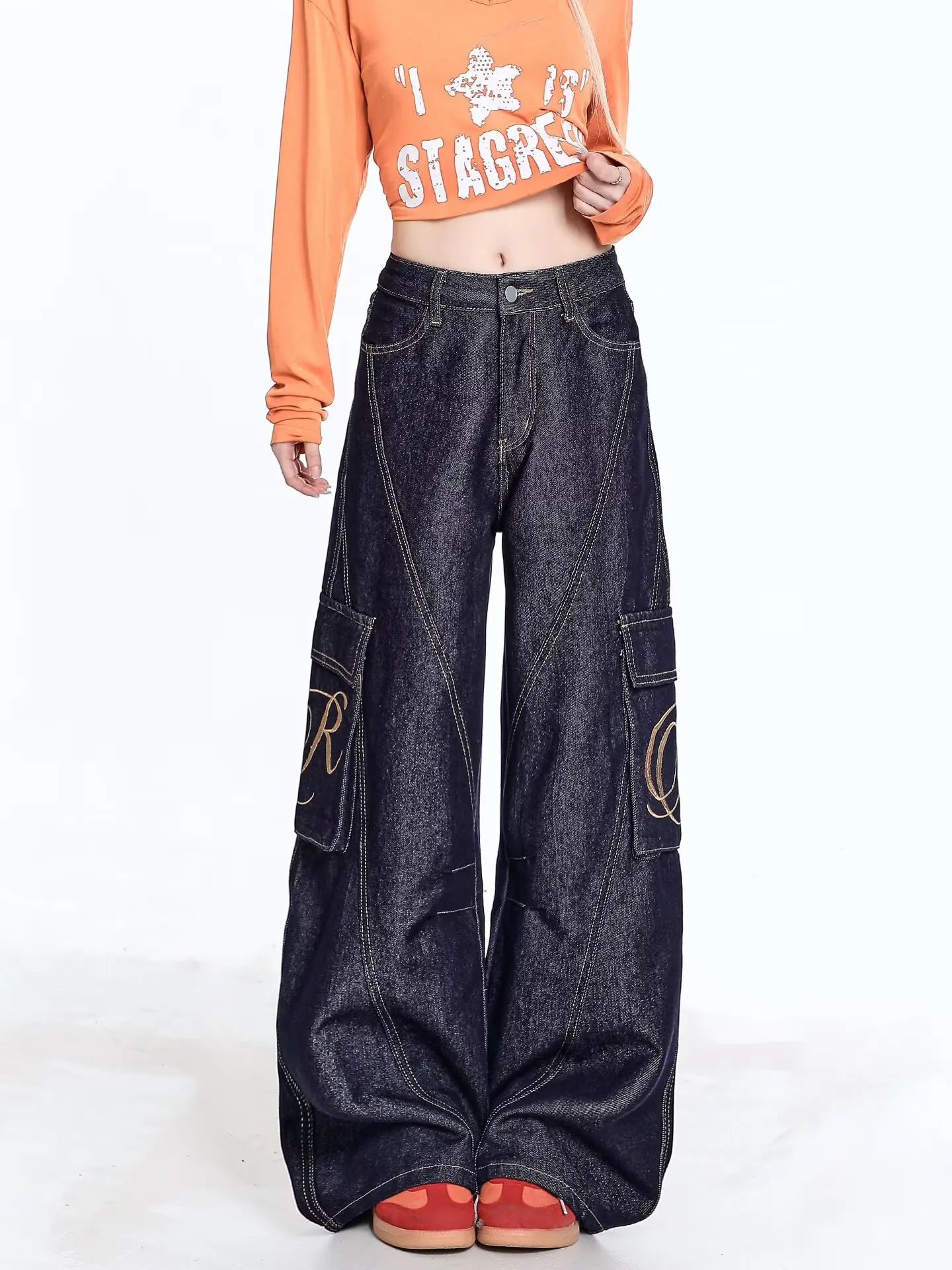 American retro niche vintage wide leg loose jeans women's splicing straight leg casual curved knife long pants trendy Harajuku