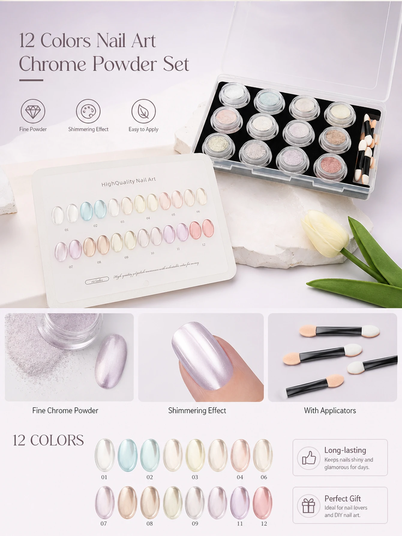 12-Color Aurora Magic Mirror Nail Art Powder Set with Color Chart, DIY Nail Art Tools, Artistic Nail Art Charm