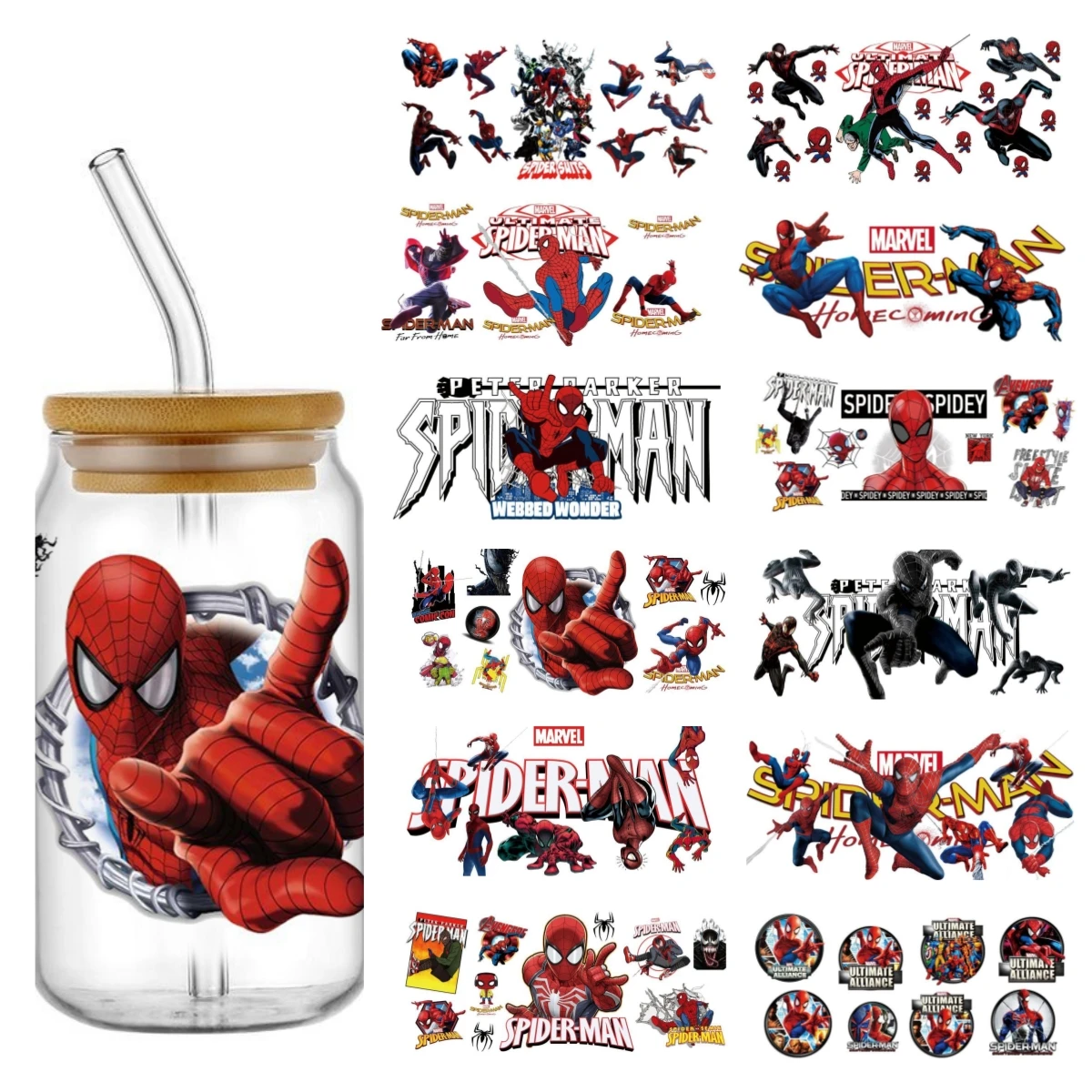 Miniso Spider Hero UV DTF Sticker For 16oz Glass Cup Can Wrap Transfer Decal Sticker Custom Labels DIY Logo Party Gift