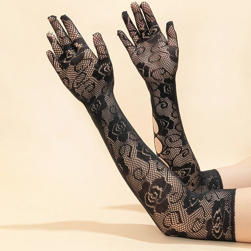 Sexy Black Hollowed Out Fishnet Long Gloves Women Gothic Lace Mesh Gloves Dance Stage Performance Cosplay Accessories
