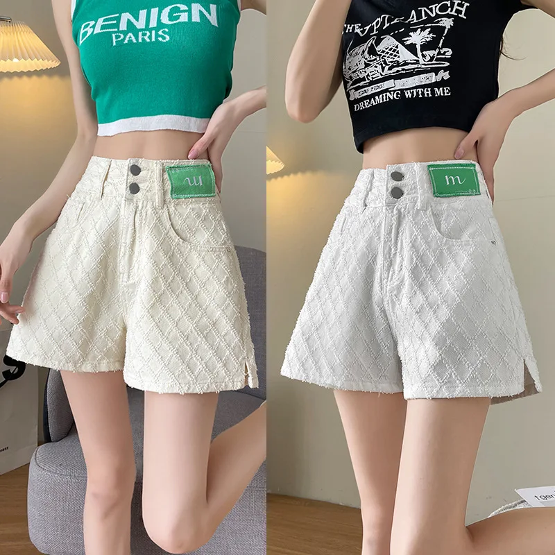 

Summer New Ladies Design White Crocheted Denim Shorts Girls Summer Thin Section High Waist Thin a Word Wide Leg Hot Pants