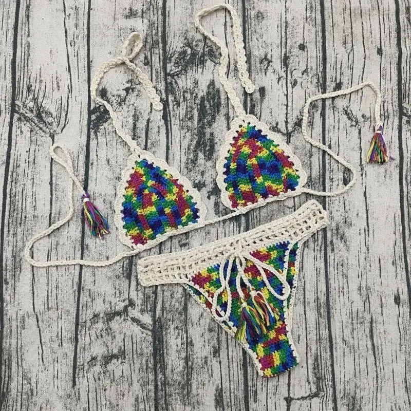 L38F Women Halters Swimsuit Female Two Pieces Swimwear Handmade Crochet Bathing Suit Sexy Backless Swimsuits for Beachwears