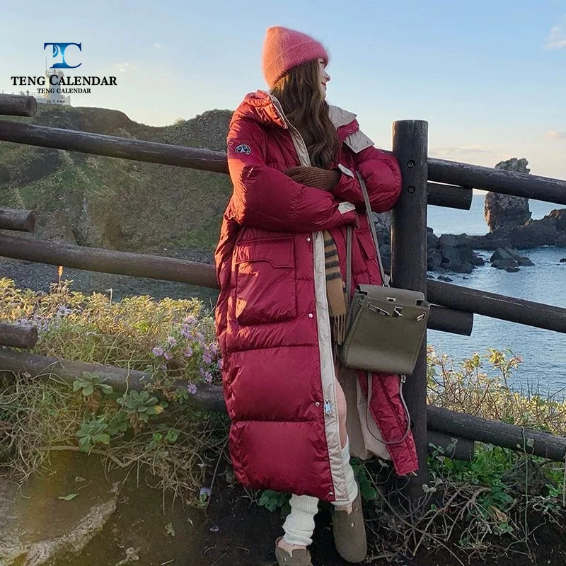 Women's Mid To Long Down Jacket, Loose and Thick Hooded Bread Jacket with Patchwork, Trendy, 2026 Winter New Style