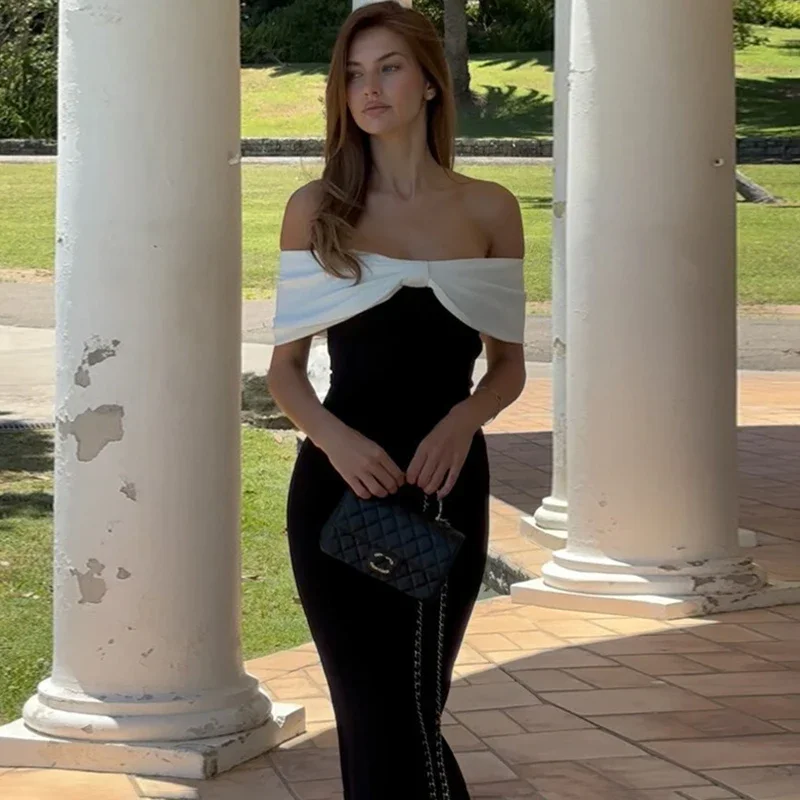 

Contrast One Shoulder Evening Dress For Women Bodycon Slit Sexy Maxi Dress New Fashion Contrast Elegant Lady Dress