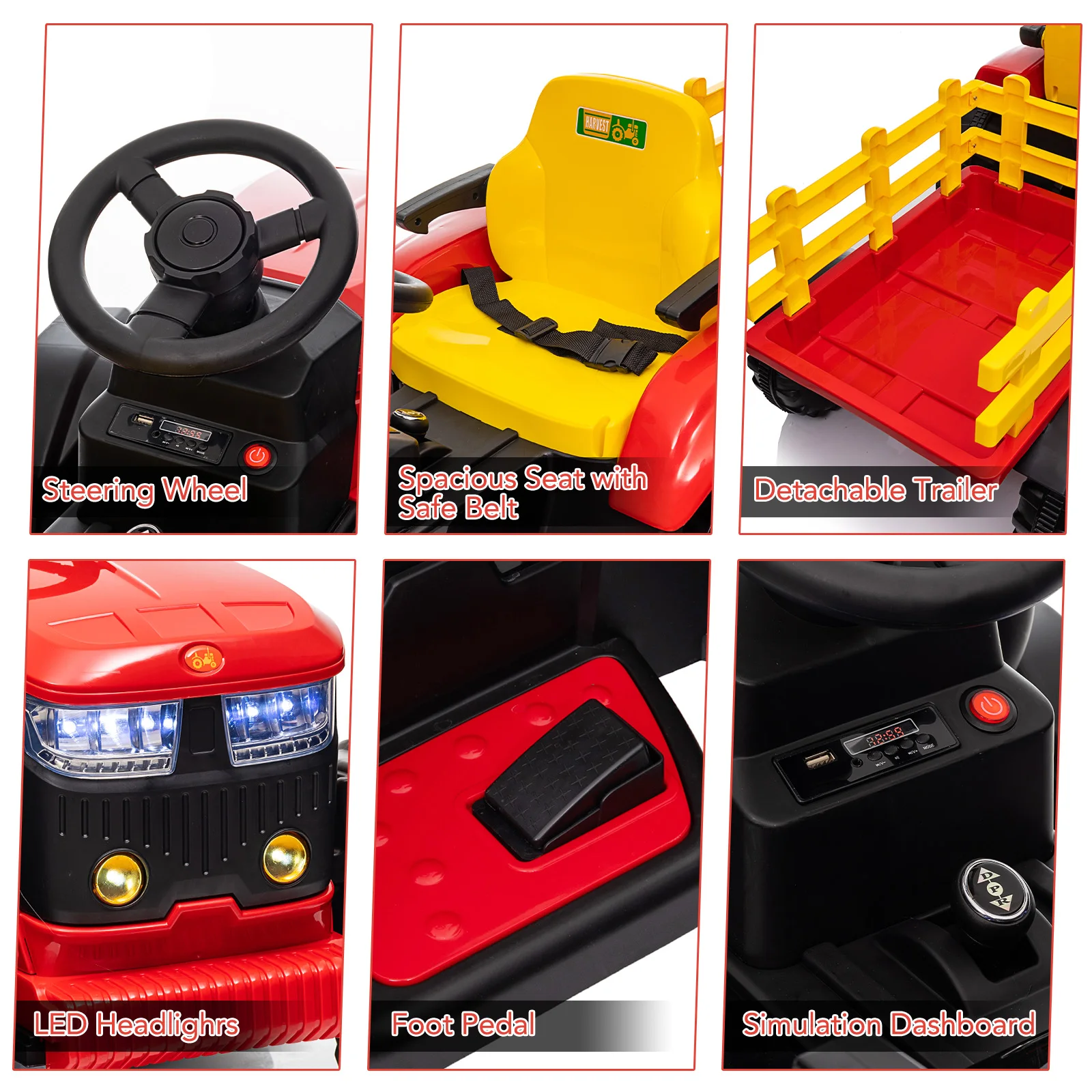 Ride-on Tractor for Kids with Detachable Trailer,12v, Remote Control, LED Headlights, USB Music, 7Ah Battery, Dual 35w Motors