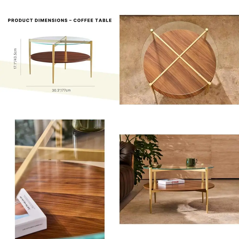 

Двухуровневый стеклянный журнальный столик в стиле Mid-Century Modern с полкой из орехового дерева и золотыми металлическими ножками