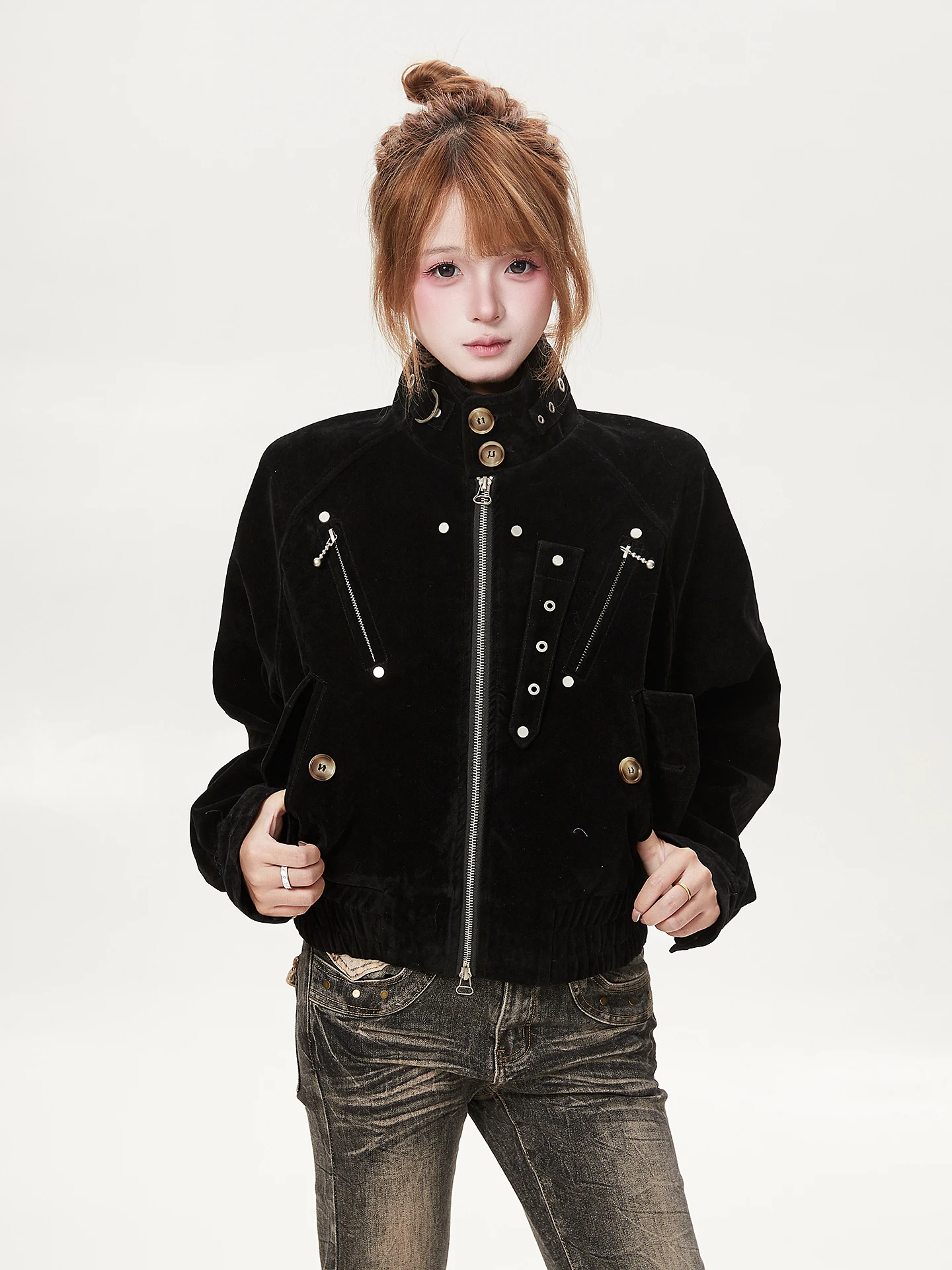 Ant Vintage Style Short Motorcycle Jacket Women's Rivet Decorated Stand Collar Jacket Cool Trendy Brand Polyester Fiber