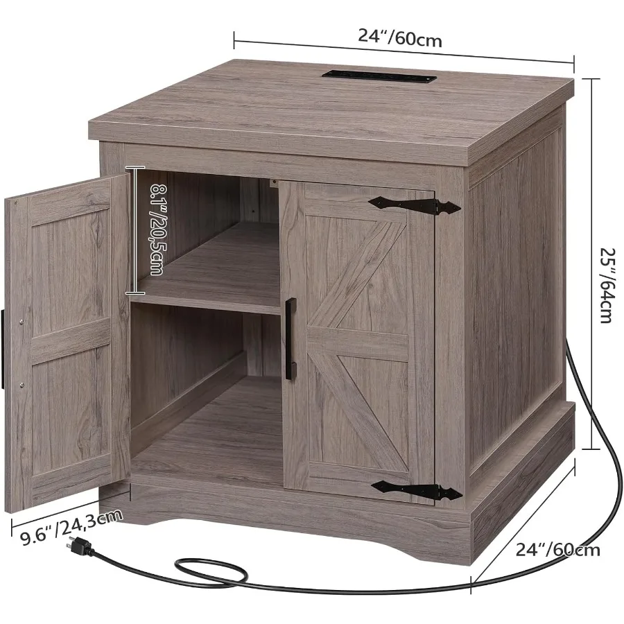 大型24インチファームハウステイドスツール、内蔵充電ステーションと納屋ドアデザイン、調節可能な収納棚、正方形、グレー、素朴なスタイル