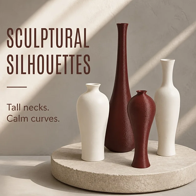 3D Printed Decorative Vase Set with PLA Material Matte Textured Slim Neck Design for Living Room Shelf Dried Flower Arrangement