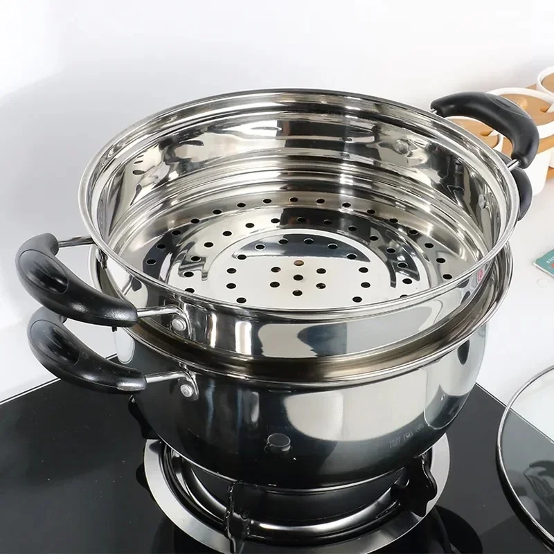 Multifunctional cooking pot, stainless steel soup pot, thickened anti-scalding handle, kitchen steaming pot, tempered glass lid