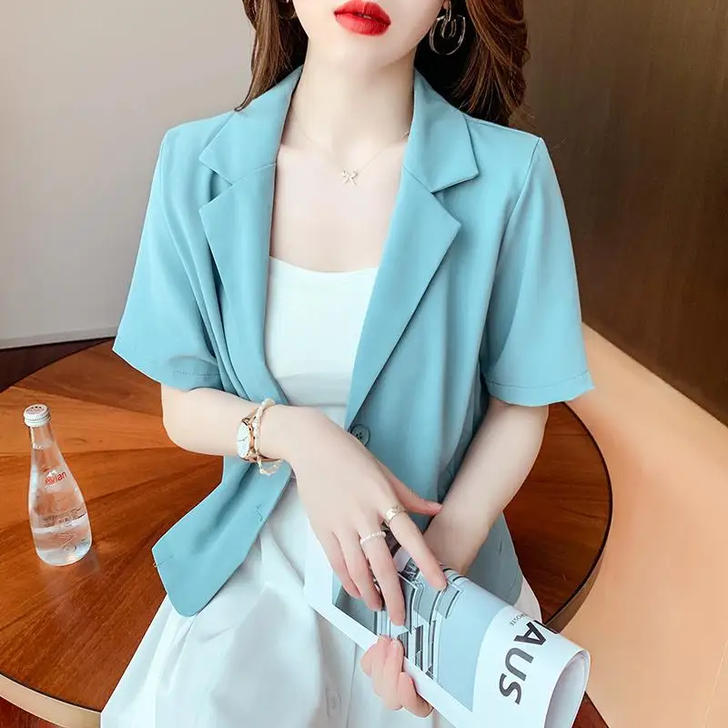 Women\'s Clothing Fashion Suit Short Sleeved Jacket 2023 Summer Thin Style Temperament Retro Korean Casual Cardigan Top Trend