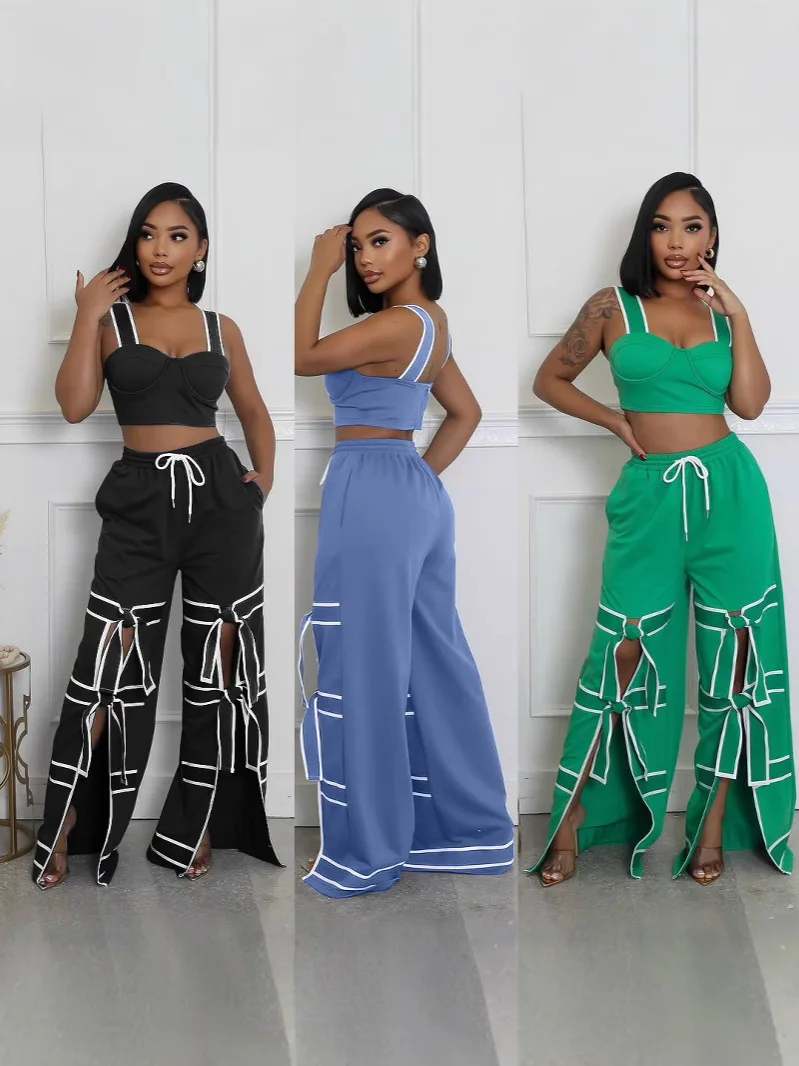 

Y5269 Fashion Women Striped Patchwork Bowknot Split Wide Leg Jogger Pants 2025 Summer Active Sporty Classic Trousers