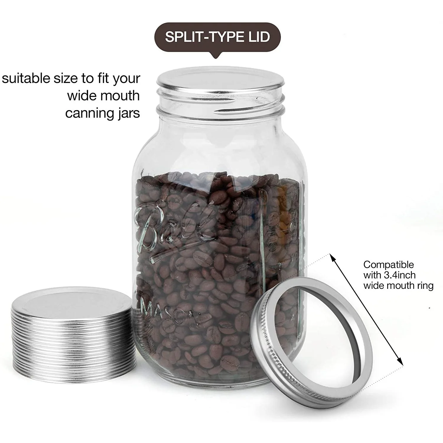 ABKS-24 PCS Mason Jar Lids, Regular Mouth Canning Lids Reusable Split-Type Leak Proof Canning Lids With Silicone Seals Rings