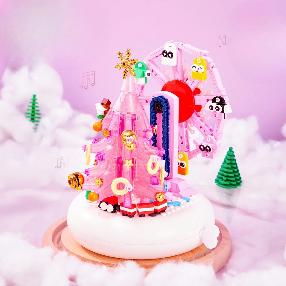 

MOC розовая рождественская елка с вращающимся колесом обозрения, музыкальная шкатулка, набор строительных блоков, праздничные зимние игрушки для детей, праздничные подарки