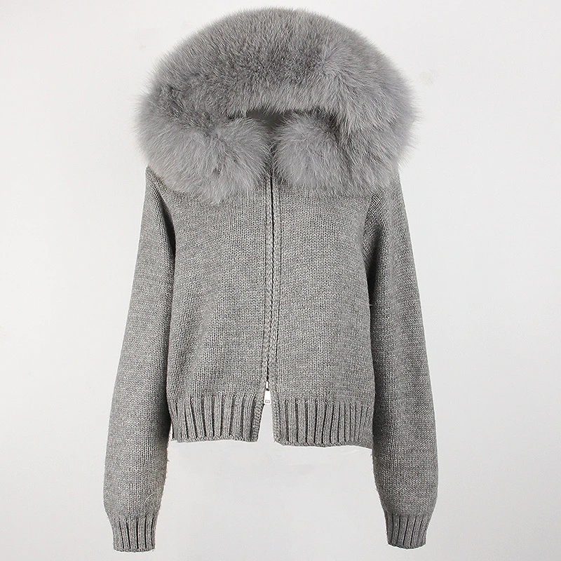 2024 Autumn/Winter new women's high quality casual hooded real fox fur collar y2k fashion all-in-one sweater Cardigan fur coat