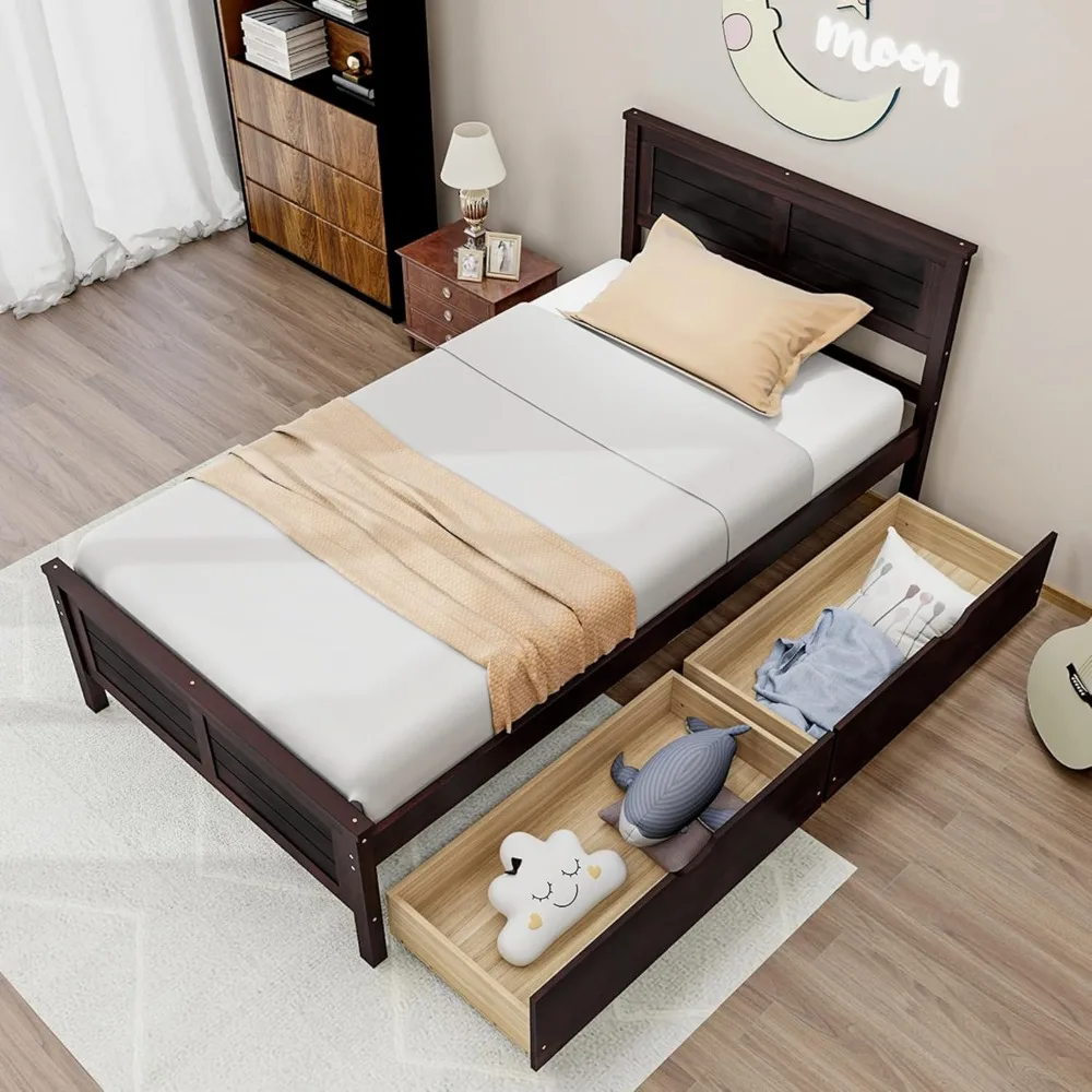 KOMFOTT Twin Size Wood Bed Frame with 2 Storage Drawers, Mid Century Platform Bed Frame with Headboard, Sturdy Wooden Slats