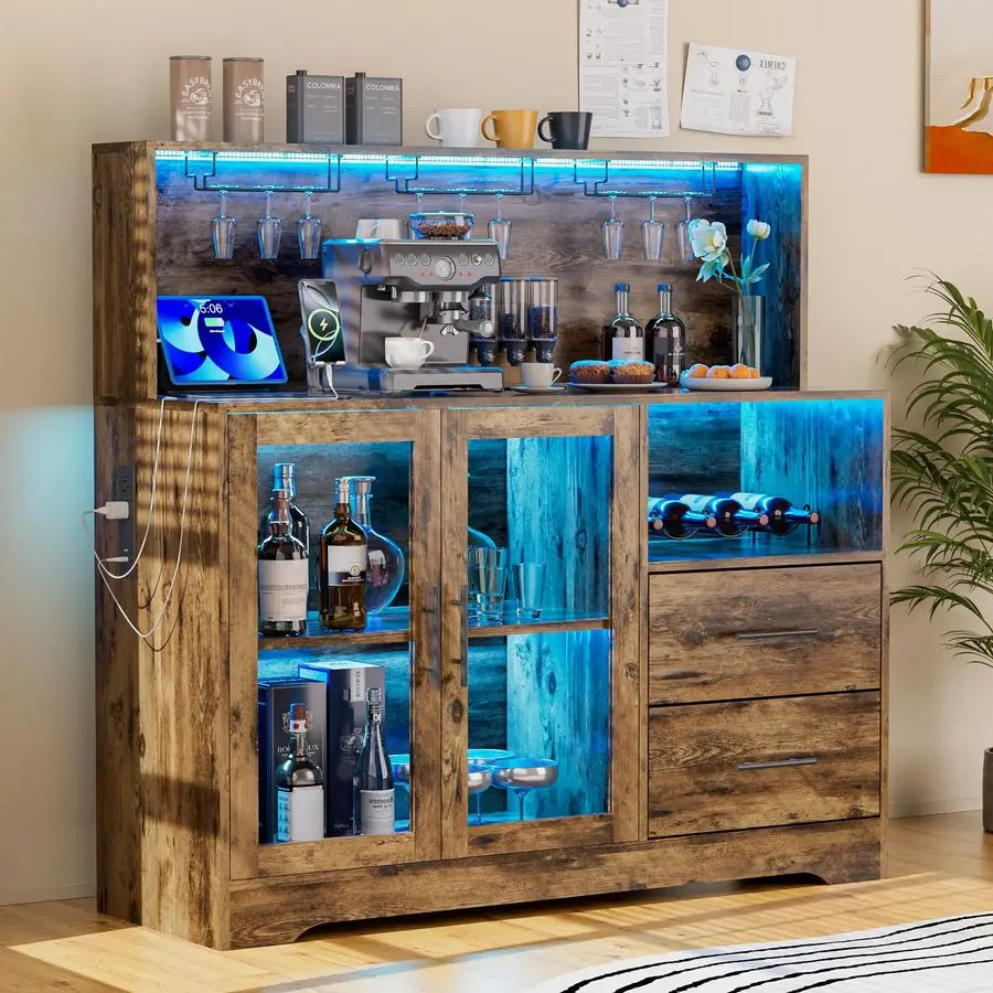 Barschrank mit einstellbarem RGB-LED-Licht, Wein- und Kaffeeaufbewahrung mit Regal und Schubladen, Ladestation, moderner Spirituosenschrank