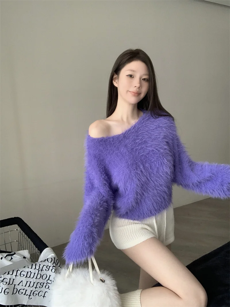 

Slanted shoulders pure desire sexy solid color imitation mink fleece simple short sweater