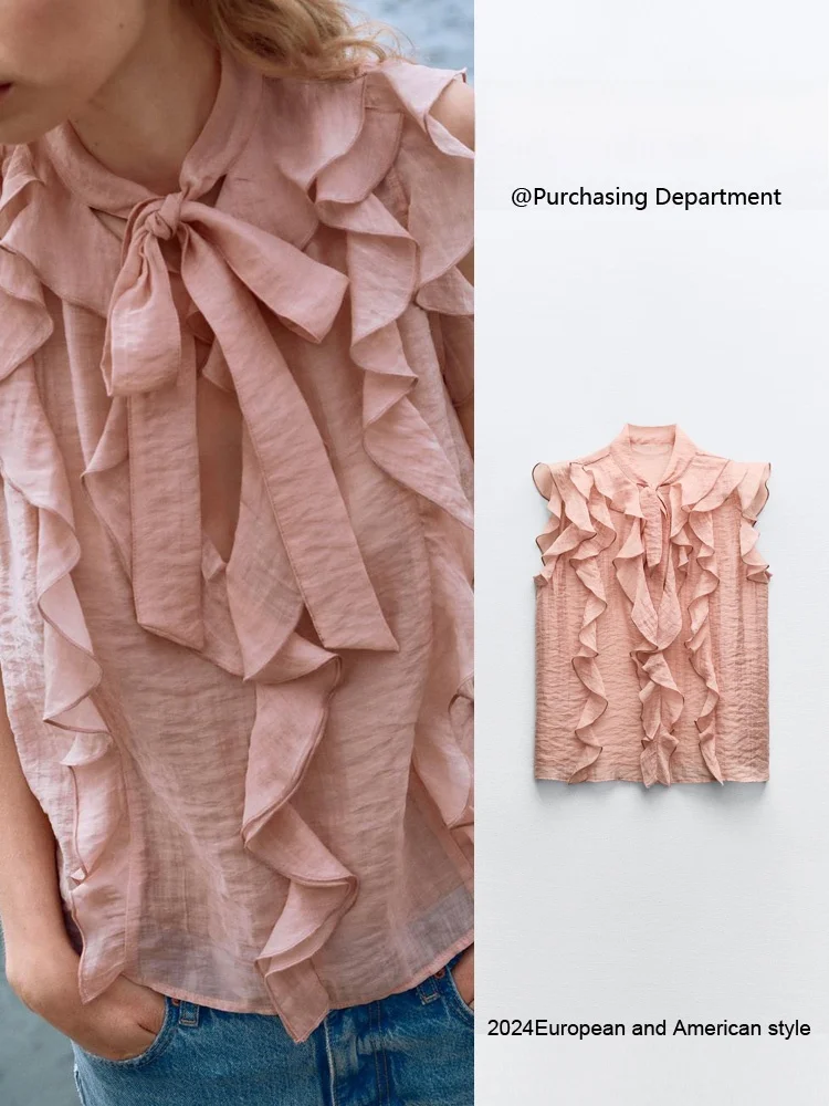 New Summer Women's irt V-ne Svel  Knot Layered Decoration Loose Fit Regular Length Button Closure