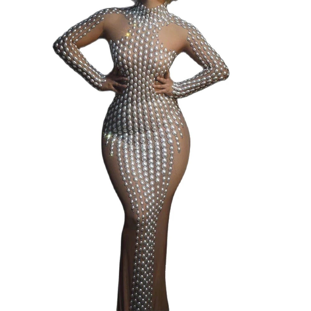 

Sexy Pearls Nude Long Sleeves Dress For Women Evening Banquet Stage Entertainer Perform Drag Queen Costume Wedding Party Wear