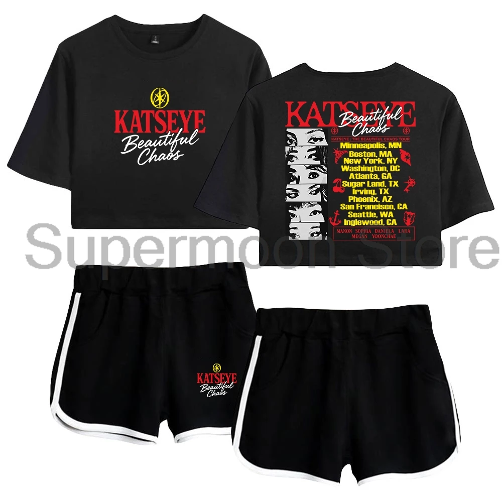 Kpop Katseye The Beautiful Chaos Tour Merch Members Short Sleeve Crop Top+Shorts Two Piece Sets Women's Top Sets