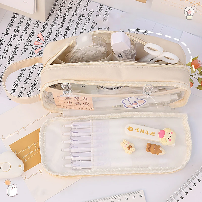 1PC PVC Large Capacity Pencil Pouch Clear Compartment Pen Case Multifunction School Office Supplies Student Stationery Kid Gift