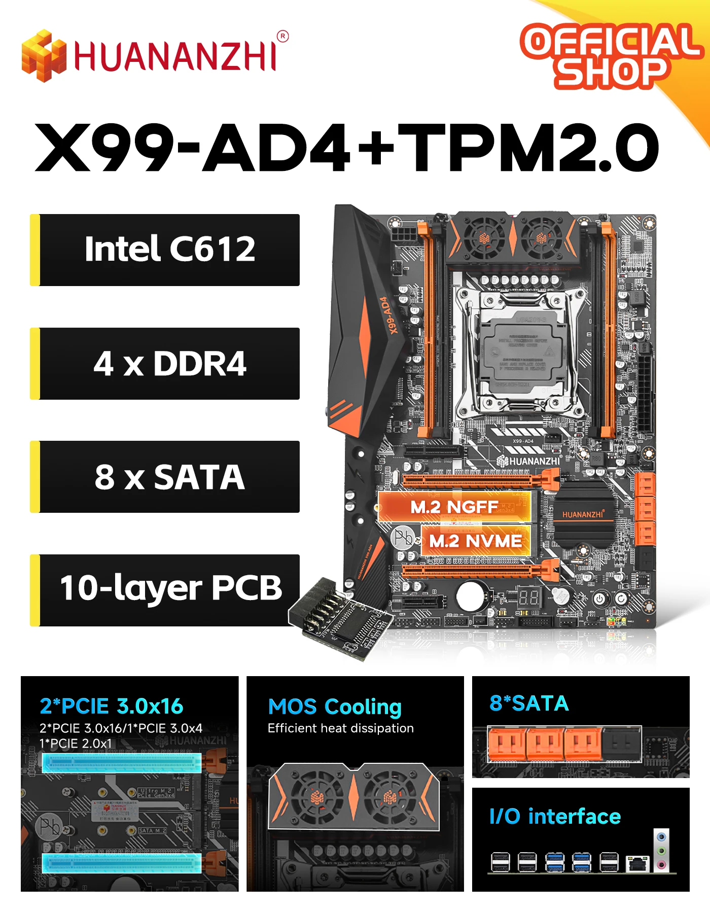 HUANANZHI X99-AD4 V2.0+TPM2.0 Motherboard Kit LGA2011-3 DDR4 128GB NVME M.2 PCIE 3.0 ATX Mainboard with TPM