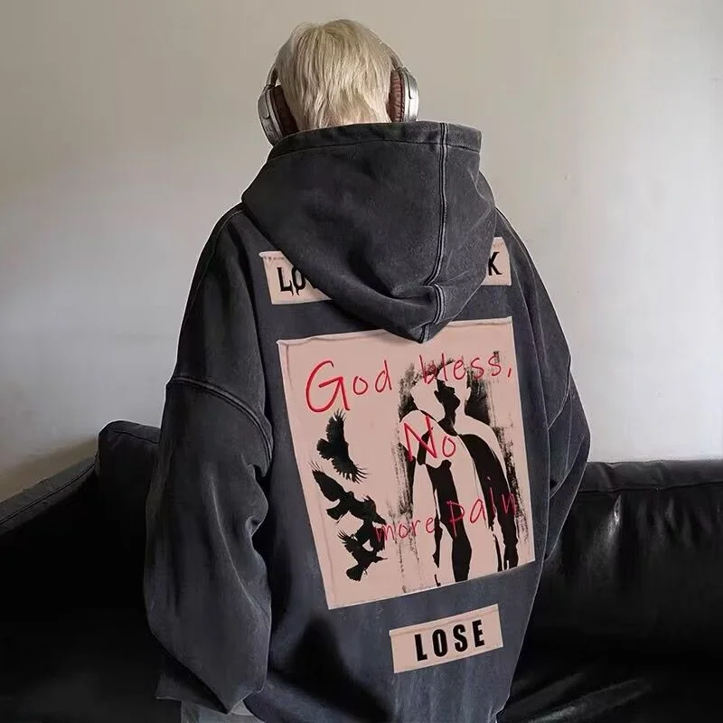 

Мужская толстовка-худи большого размера (300 г/м²) в американском стиле, утепленная, винтажная, модная, осенне-зимняя, новая трендовая модель из хлопка