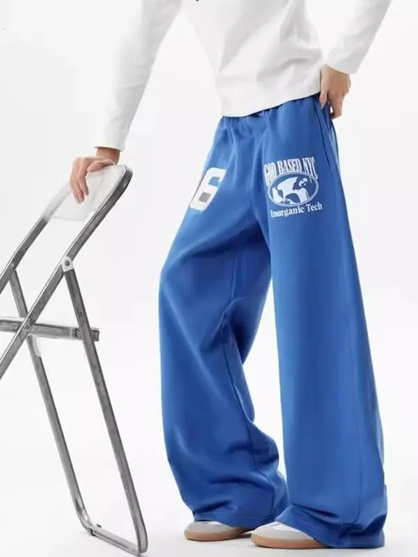 

Американские повседневные широкие брюки с принтом в стиле High Street, синие, прямого кроя, для мужчин и женщин, весенние, универсальные, свободного кроя