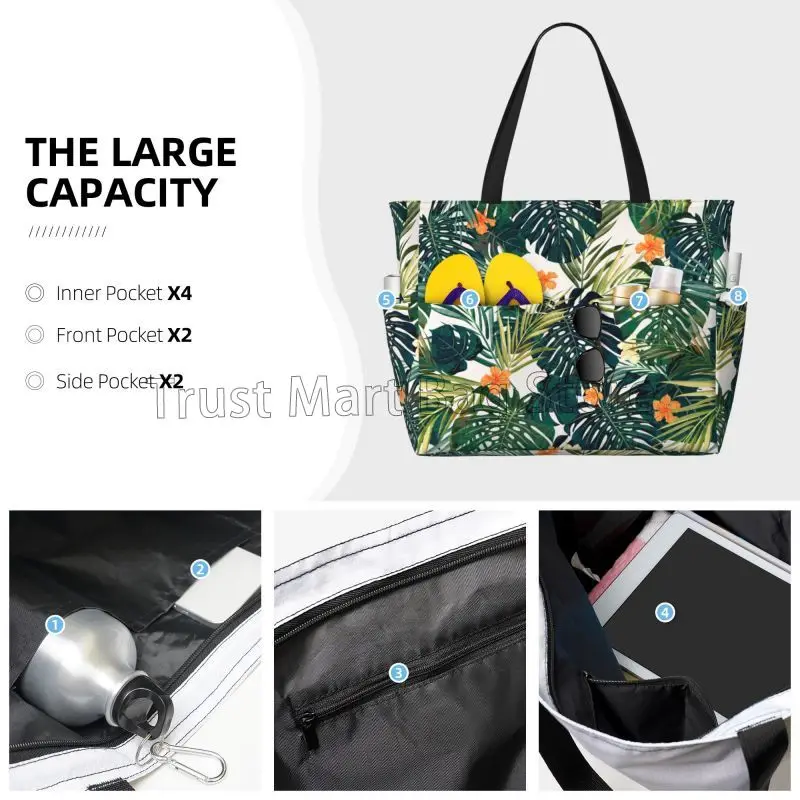 Tropical Green Leaves and Flowers Beach Bag for Women Travel Tote Bags with Pockets Large Beach Pool Bag for Swim Gym Vacation