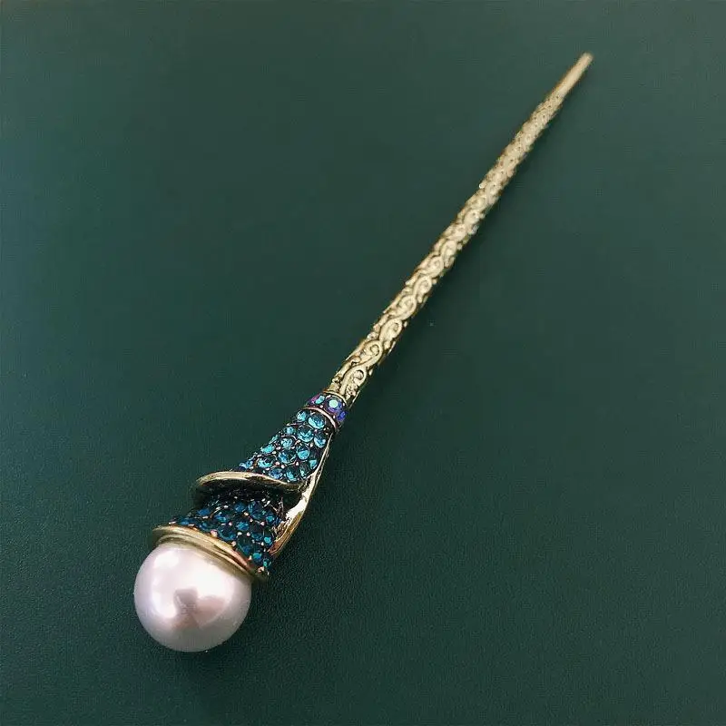 Antiker Goldener Geschnitzter Haarstab mit Kunstperlen und Bunten Strasssteinen für Hanfu, Hochzeiten, Partys und Tägliche Haardekoration – Detail 8