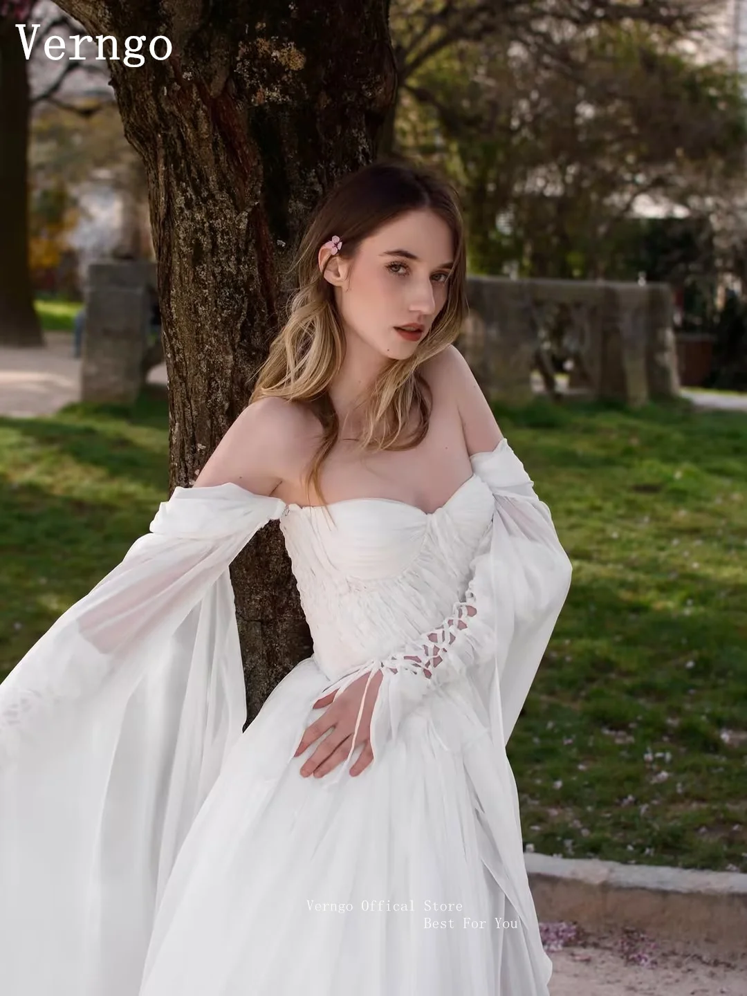Verngo Royal Boho Chiffon Wedding Dress Off The Shoulder A Line Flowing Bride Gowns Women Graceful Bridal Dress Customized
