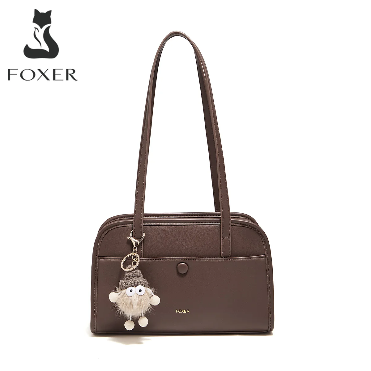 FOXER Vintage Women Shoulder Bag PU Leather Underarm Bag Large Capacity Commuter Handbag With Cute Pendant Ladies Casual Purse
