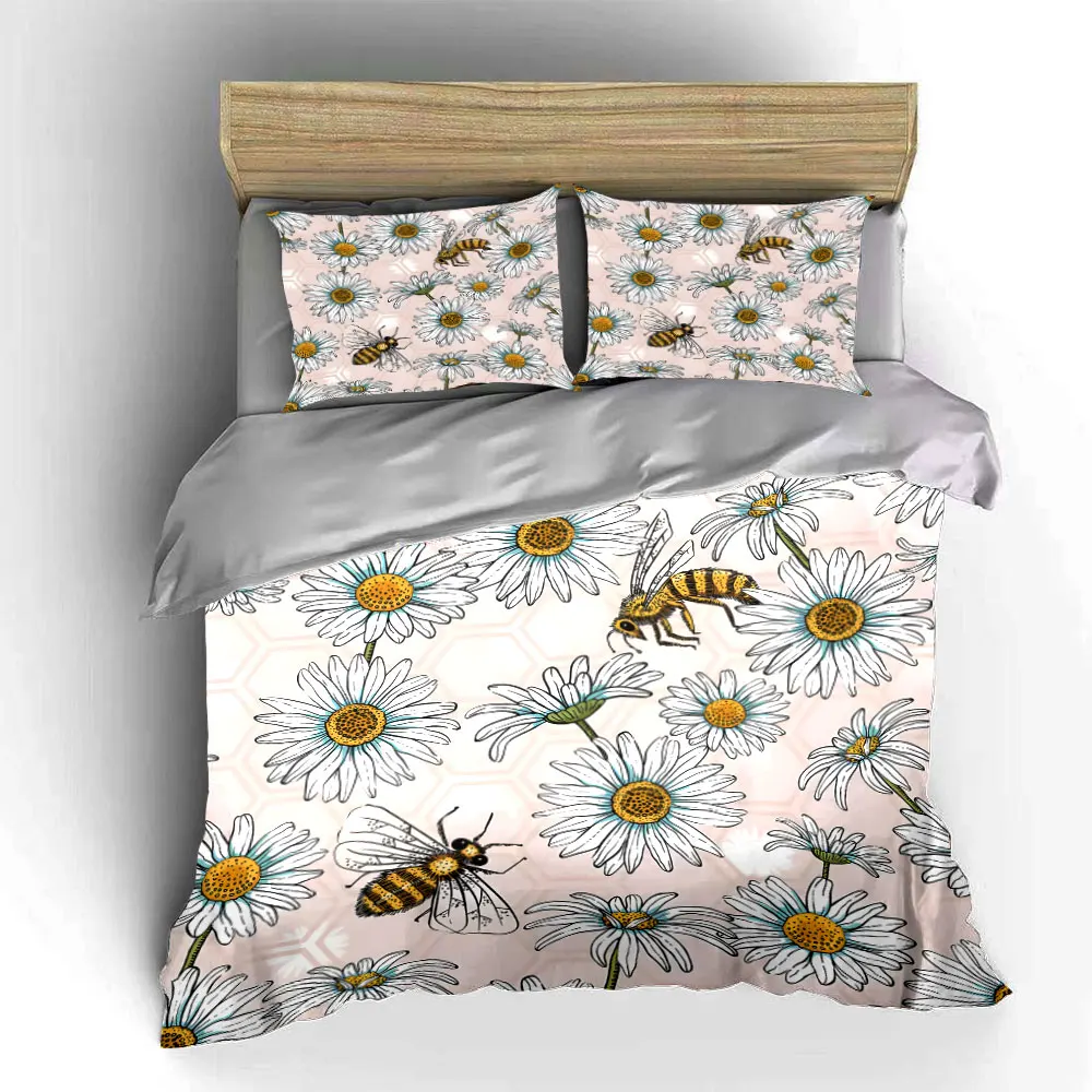 Elegant pattern of bees and daisies Duvet Cover Set Digital Print Colorful Polyester Bedding with Zipper Closur for kids gifts 5