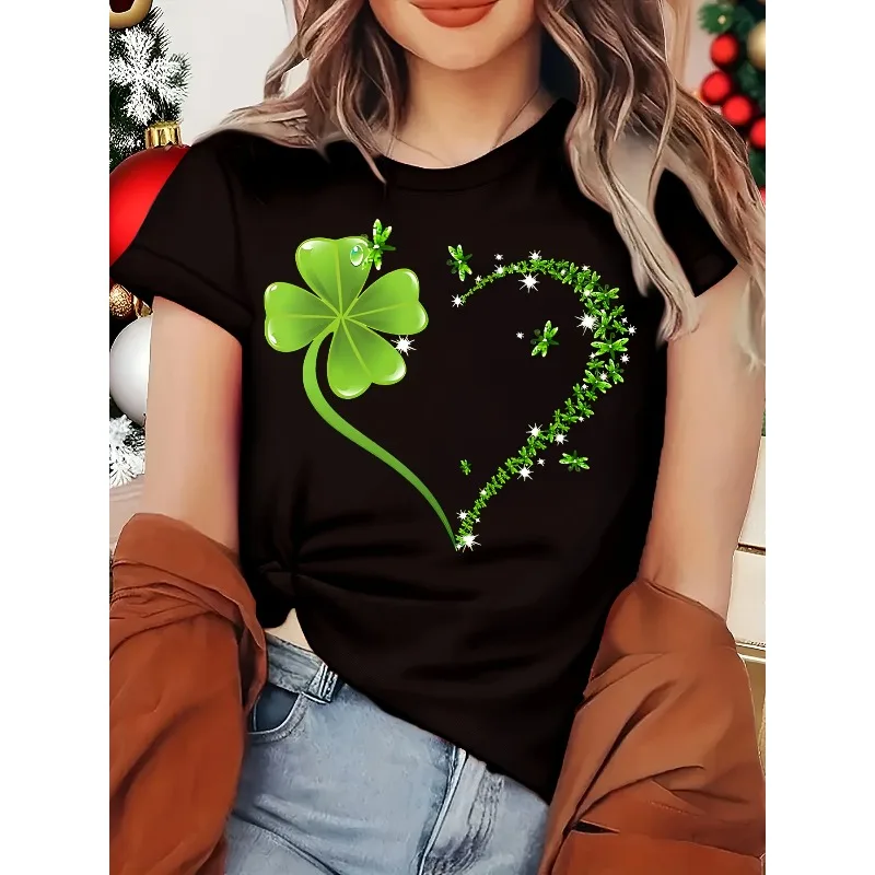 Women New Top with Clover Print Heart Pattern Round Neck T-shirt for Spring and Summer Women's Casual Fashion Trend Women's Top