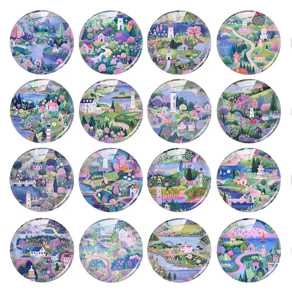 Random Mixed Round/Oval/Square Fairy Tale Coastal Town Lighthouse Photo Glass Cabochon Flatback Demo Cameo Diy Jewelry Making