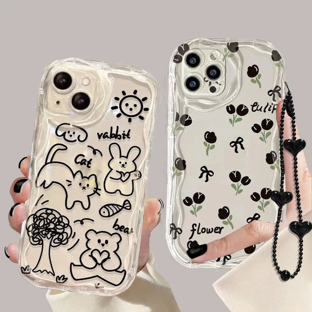 Flowers Love Heart Chain Phone Case For Vivo V30 V27 V23 V25 Pro V30E V29E V27E V23E V21E Cover 3D Wave Side