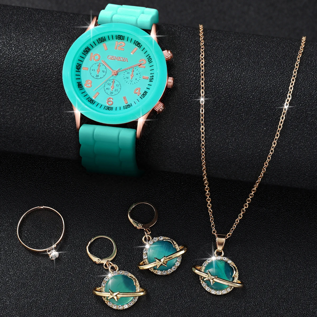 5pcs/Set Mint Green Fresh Fashion Watch Three Eye dial Silicone strap Quartz Watch Cat Eye Jewelry Set