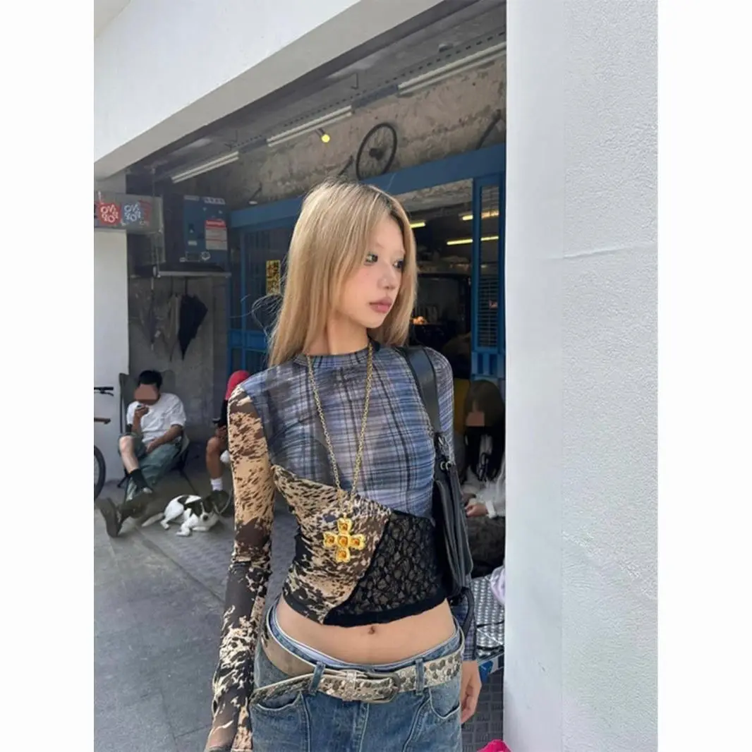 

Women Long Sleeve Shirts Street wear Printed Trendy Tees Gothic Vintage Mesh Patchwork Crop Tops Sexy Slim T-shirt