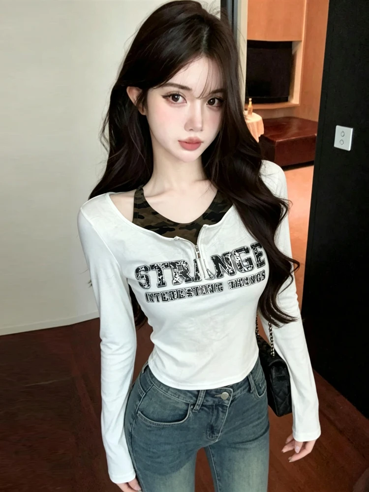 Sexy American Hot Girl Letter Print Color Block Long Sleeve T-Shirt Slim Fit Versatile Top for Women Autumn Wear Casual Style