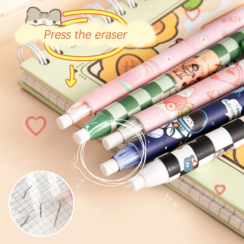 Cute Cartoon Press Retractable Pencil Eraser Correction Supplies Pen Type Eraser Writing School Student Supplies Stationery Stud