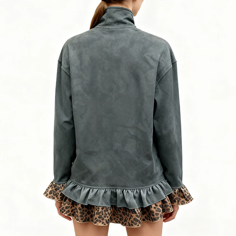 Otoño Y2K Kpop Retro con volantes vestido con adornos de leopardo mujer cuello alto manga acampanada moda mujer Tops Mini vestido Casual ropa de calle