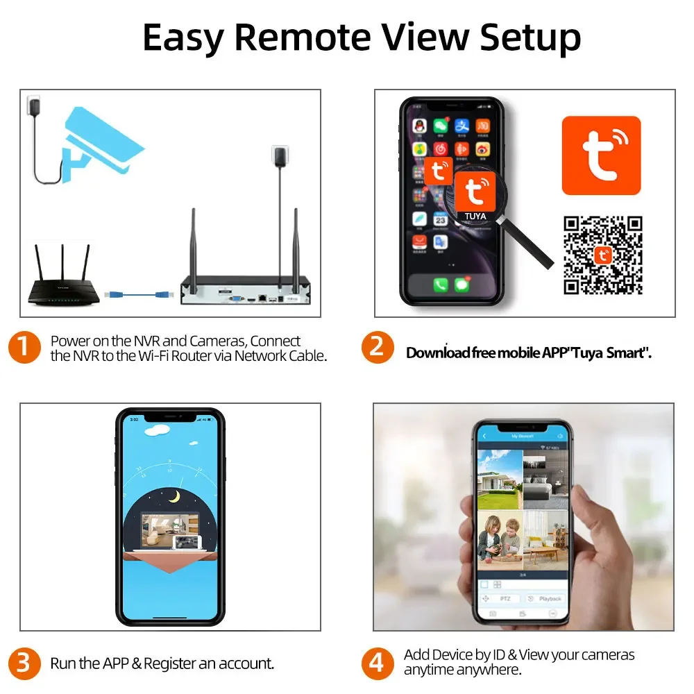 5MP نظام كاميرا أمان لاسلكية 8 قناة تويا واي فاي طقم NVR 2K في الهواء الطلق مقاوم للماء CCTV IP كاميرا طقم مراقبة الفيديو 8CH