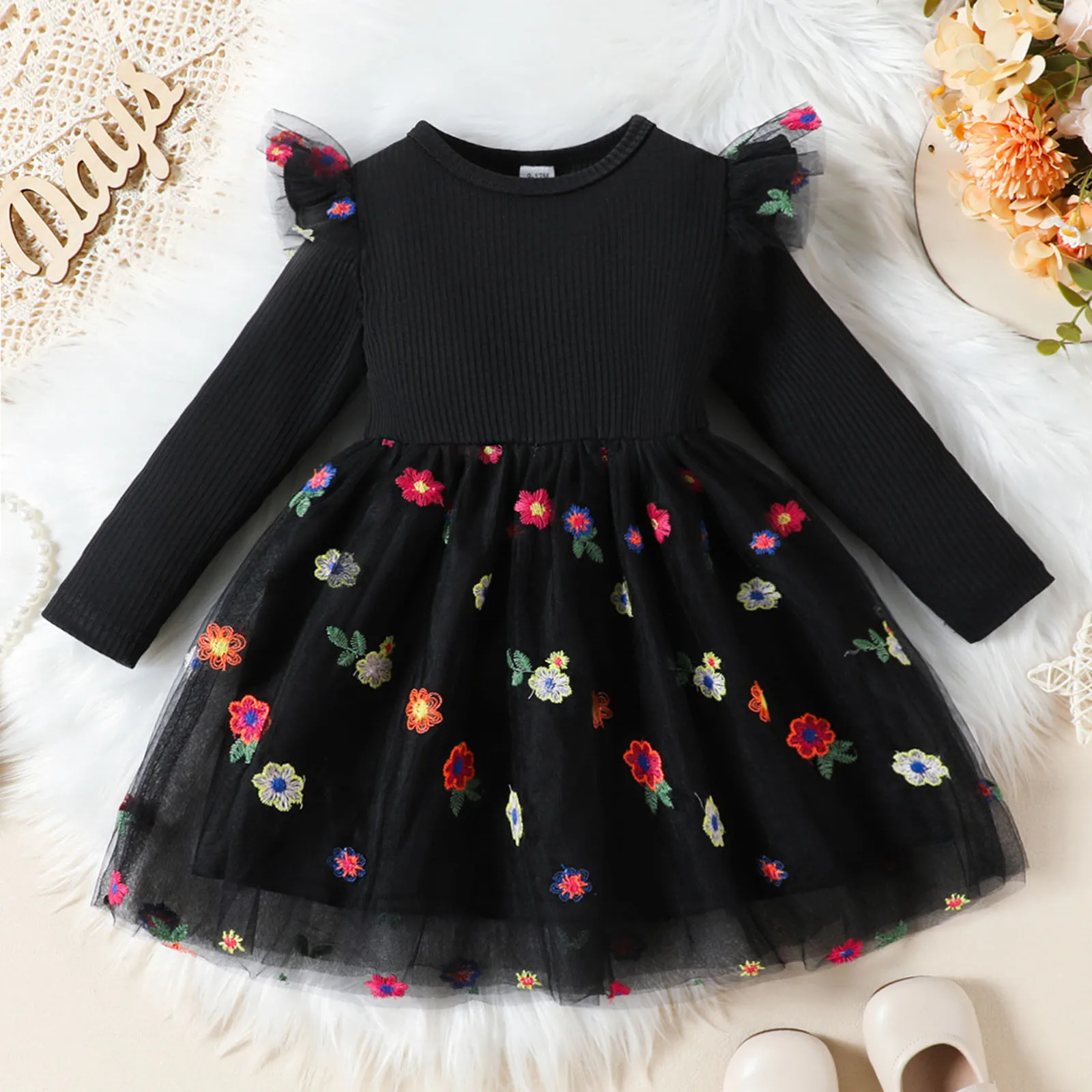 Toddler Girls' Dress Clothing 2024 New Mesh Tulle Princess Dress Long Sleeve Fragmented Flowers Vestidos Casual Outfits 2-6Y