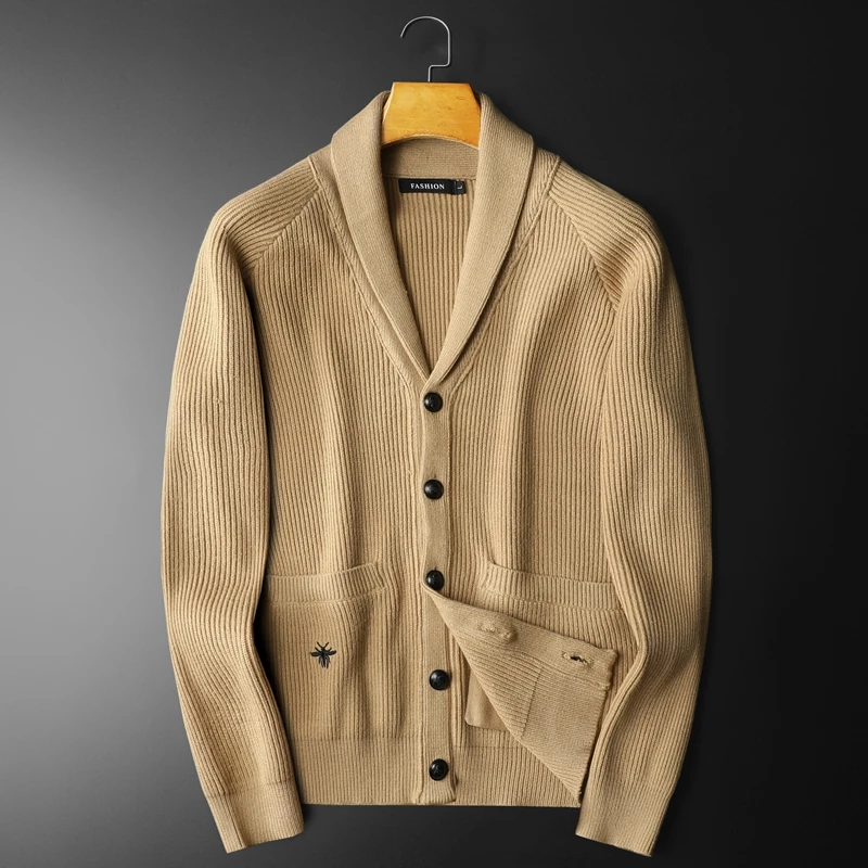 

High Quality Simple Solid Color Knitting Cardigan Embroidery Patterns Man Long Sleeve Slim Sweater Cardigan Male Garment Coat