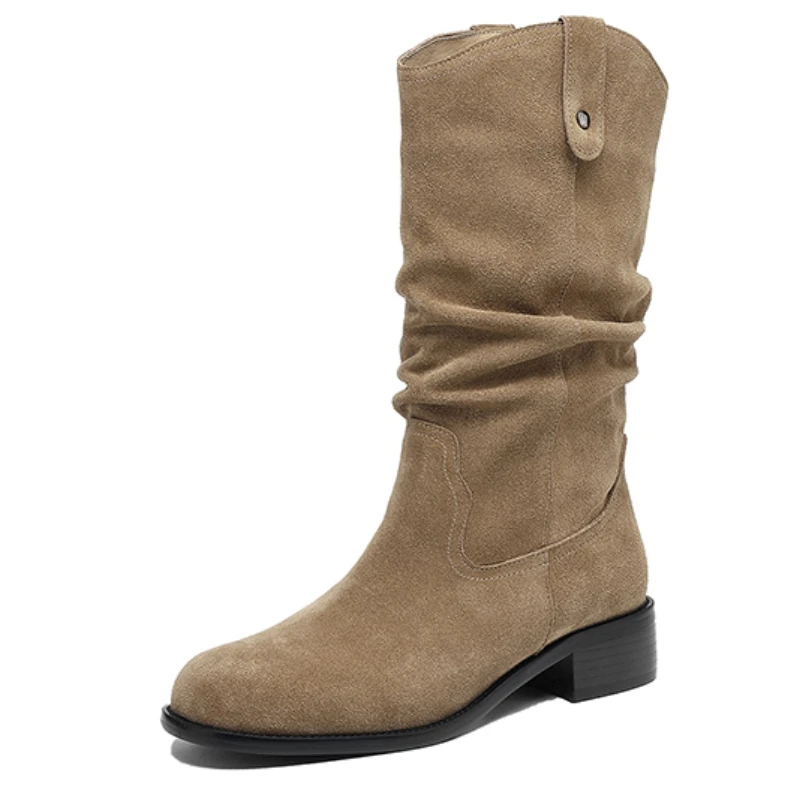 

Плиссированные женские сапоги до середины икры, замшевые, черные абрикосовые ботинки «Челси», обувь для верховой езды без шнуровки, женская обувь унисекс, большой размер 48, новинка 2026 года, весна