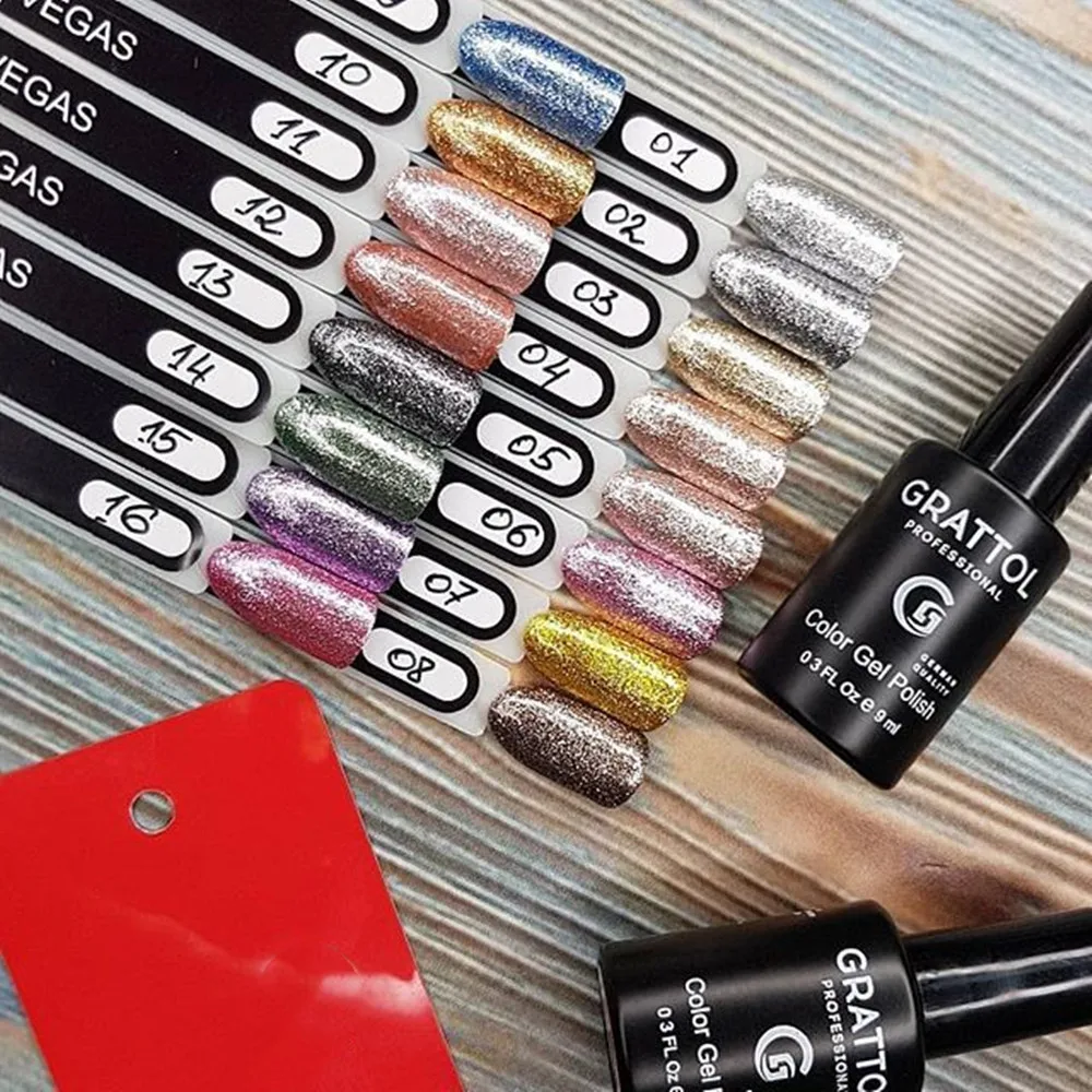 GRATTOL Professional 9 Ml Glitter UV Gel Nail Polish VEGAS Series Led Nail Gel Shining Base Top Coat For Painting Extension Nail