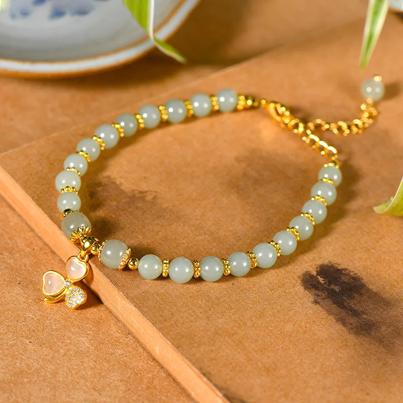 

Chinese Style Natural Hetian Jade Bracelet Lucky Grass Pendant Jewelry Women's National Style Retro New Niche High-end Jewelry