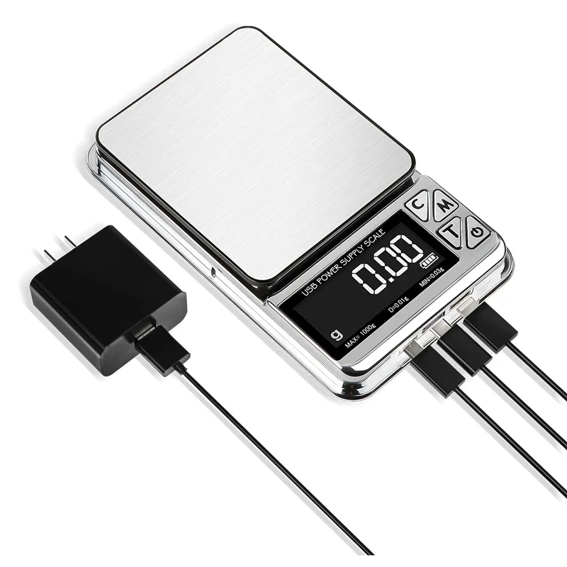 3in1 Type-C Micro USB Power Supply Digital Scale Mini Precision 0.01g LCD Stainless Electronic