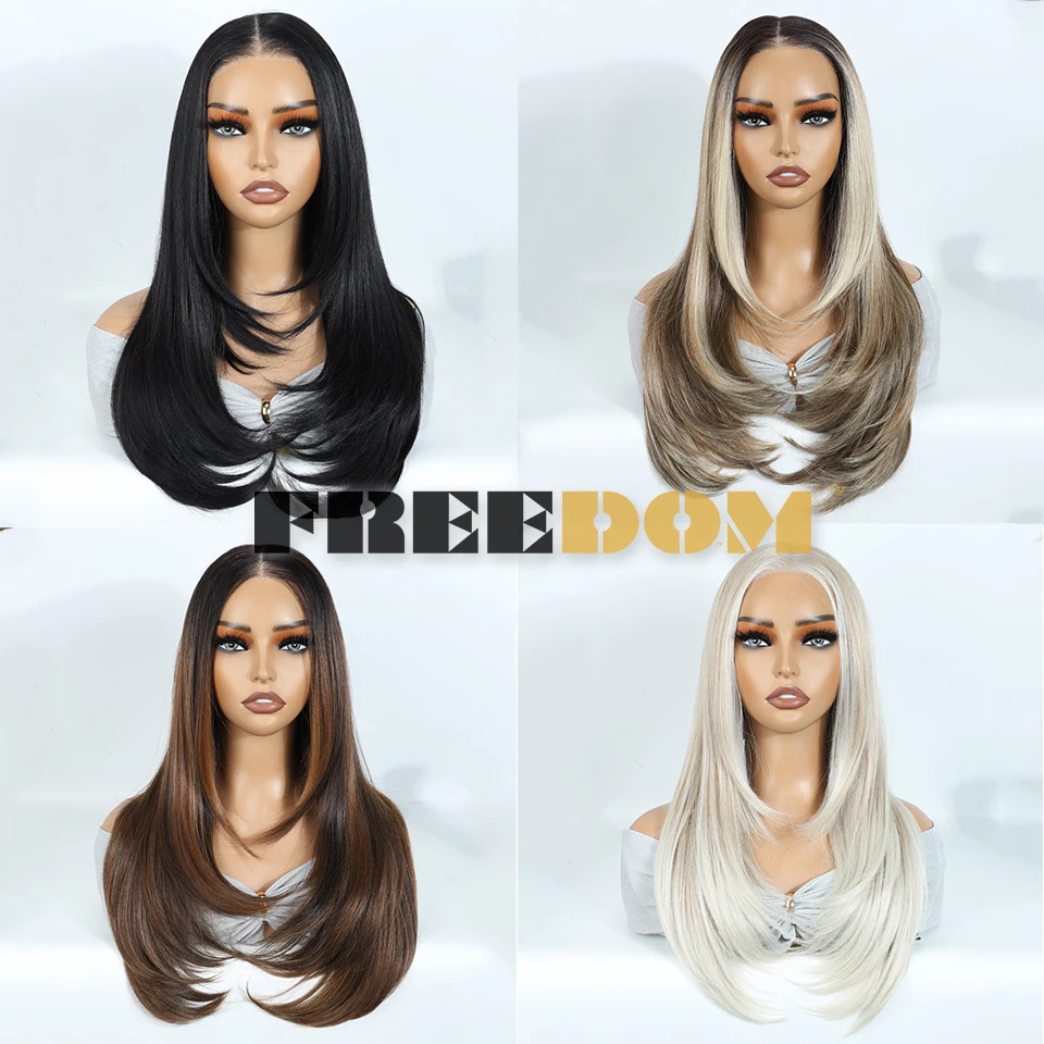 FREEDOM Synthetic Lace Front Wigs For Woman Layered Straight Wigs Ombre Brown 6x4 Pre Plucked Pre Cut Wear and Go Glueless Wig